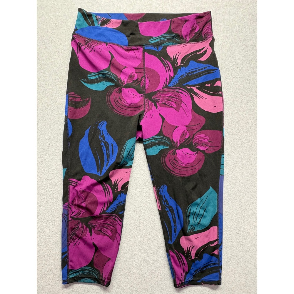 POP Fit Womens 2XL Floral Crop Leggings High Waist Pockets Blue Pink Black Yoga